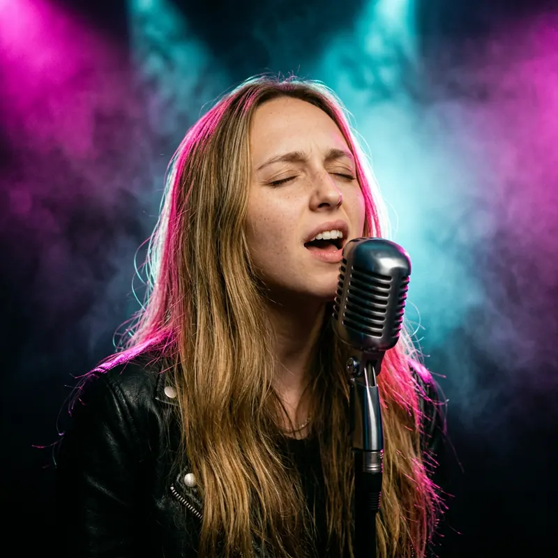 Kayleigh Merez mid-vocal at a vintage chrome microphone, lit by magenta and cyan stage smoke