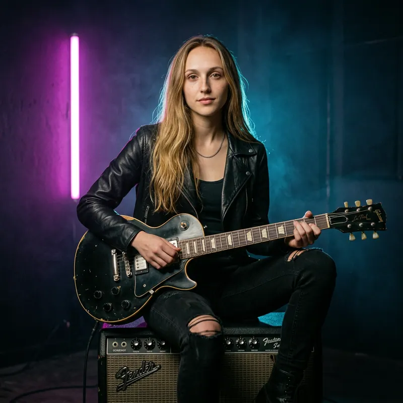 Kayleigh Merez seated on a Fender amp with a black Les Paul, backlit by a magenta neon tube